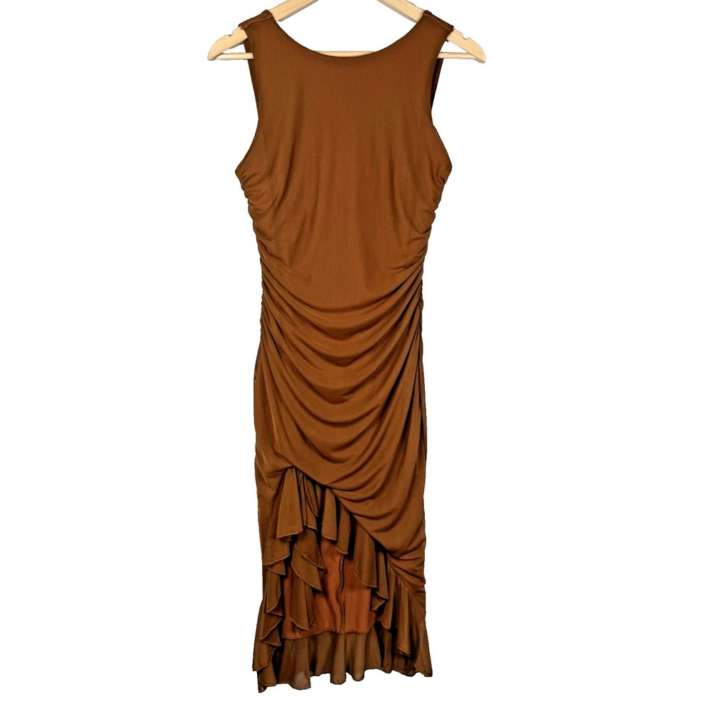 Brown Ruched Midi Dress Ruffle Hem Wedding Guest Spring Garden Party Size Large